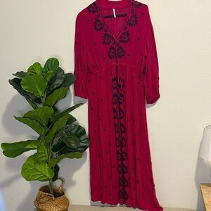 Free People Crimson Red Midi Dress with Black Embroidery